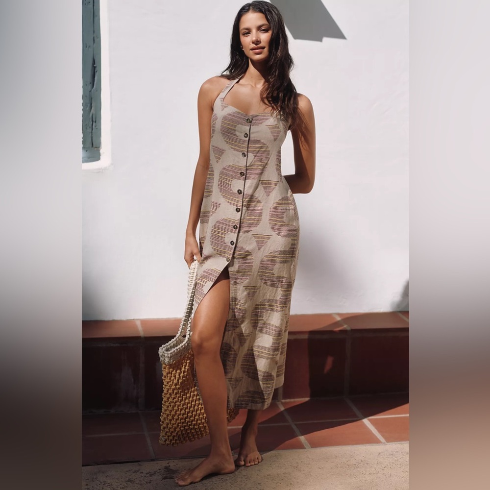 ANTHROPOLOGIE Celandine Linen Halter Button-Front Maxi Dress NWT Size X-Small